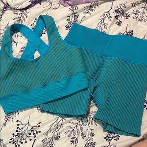 JoyLab Teal Ribbed Sports Bra and Shorts Set